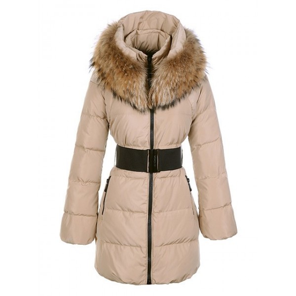 Moncler Semplice Beige lunga Donna cappotti con cintura e collo di pelliccia